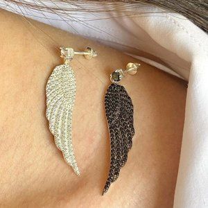 Sterling Silver  925 Long Angel Wings Fashion Earrings silver and black